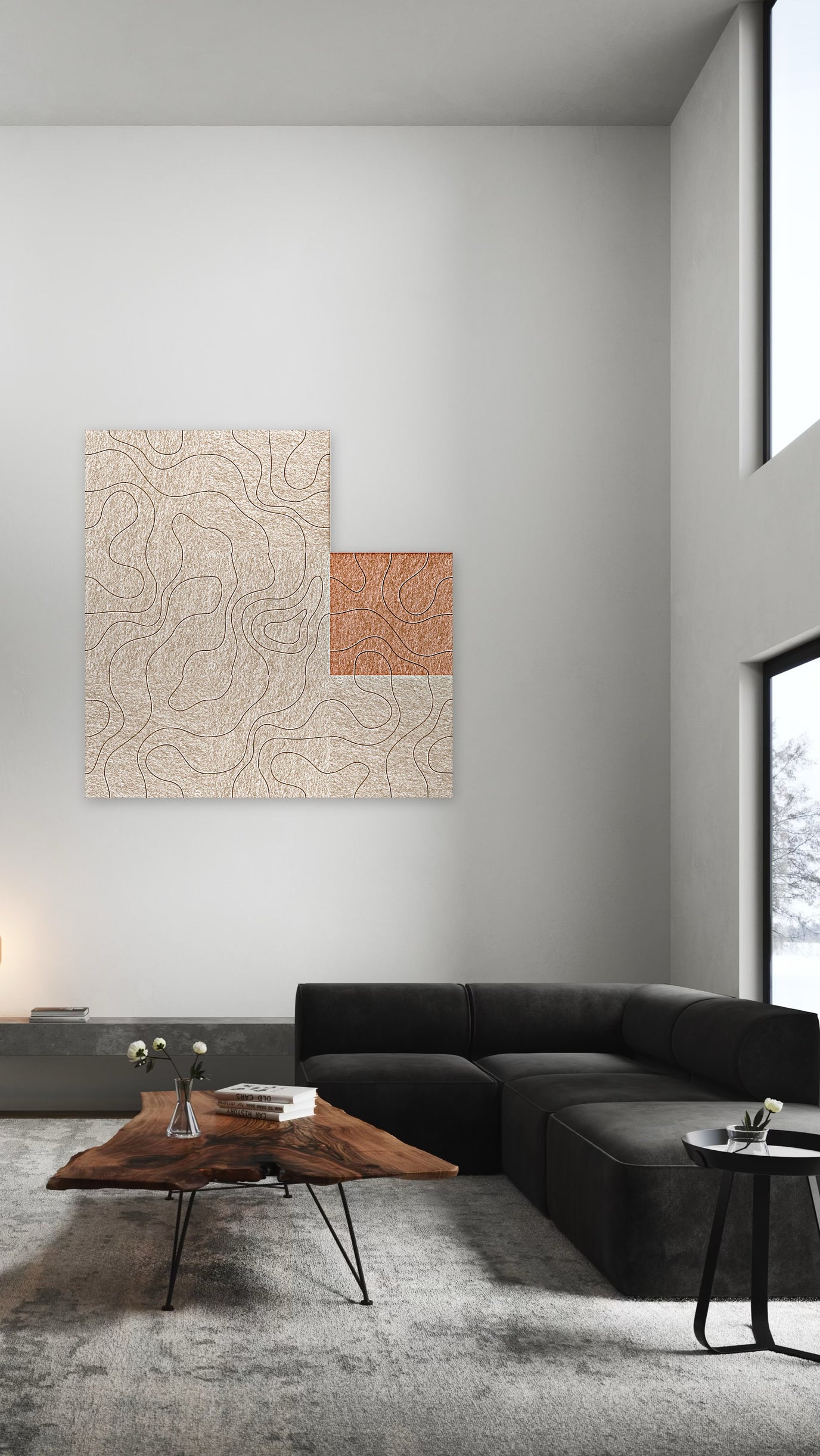 Perfect onaf, akoestische wand van 8 viltpanelen in Wabi-sabi-stijl, 150 x 150 cm
