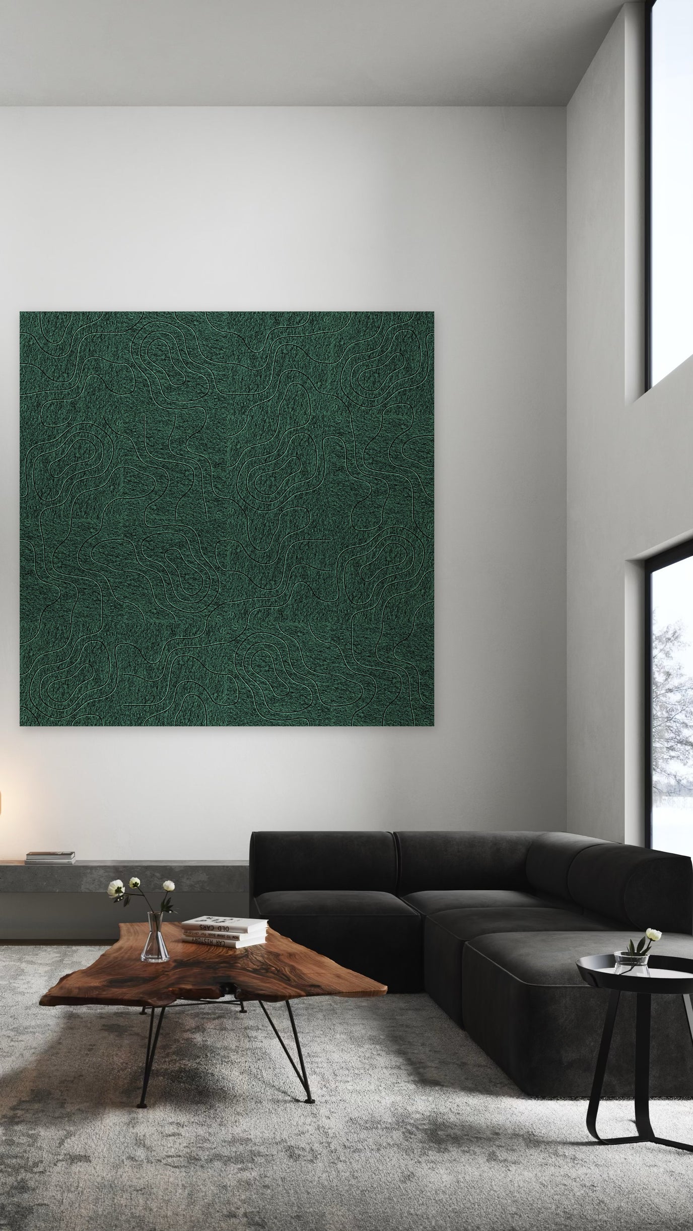 Geordende expressie, akoestische wand van 16 viltpanelen in Urban loft-stijl, 200 x 200 cm