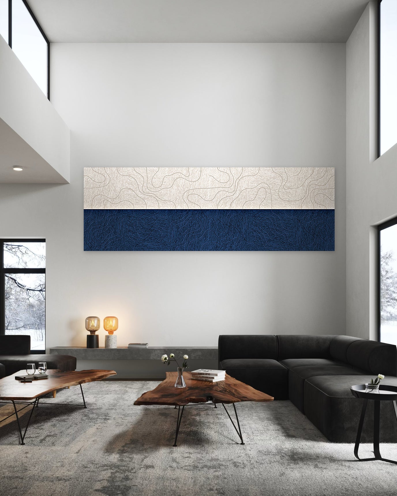 Eb en vloed, akoestische wand van 12 viltpanelen in Coastal-stijl, 300 x 100 cm