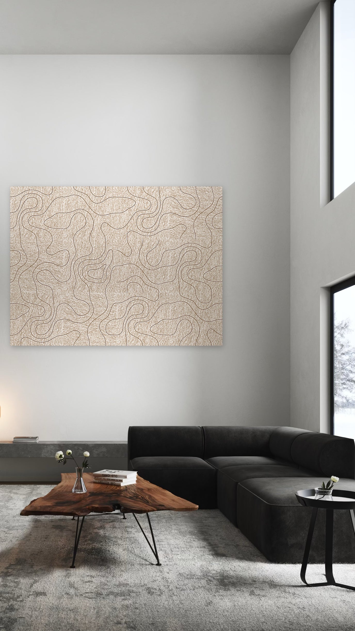 Geharkt zand, akoestische wand van 12 viltpanelen in Zen-tuin-stijl, 200 x 150 cm