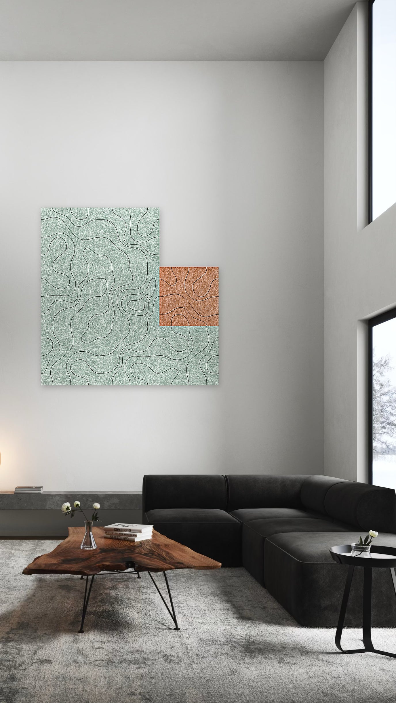 Perfect onaf, in groen, akoestische wand van 8 viltpanelen in Wabi-sabi · sage-stijl, 150 x 150 cm