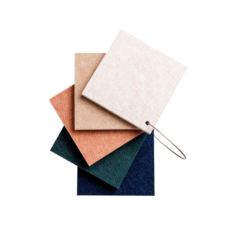 Sample samplekit proef 5 kleuren beige sand cognac navy blue deep green petrol test maeven art akoestisch paneel vilt design collectie akoestisch tegel pet vilt geluidsabsorptie geluiddempend