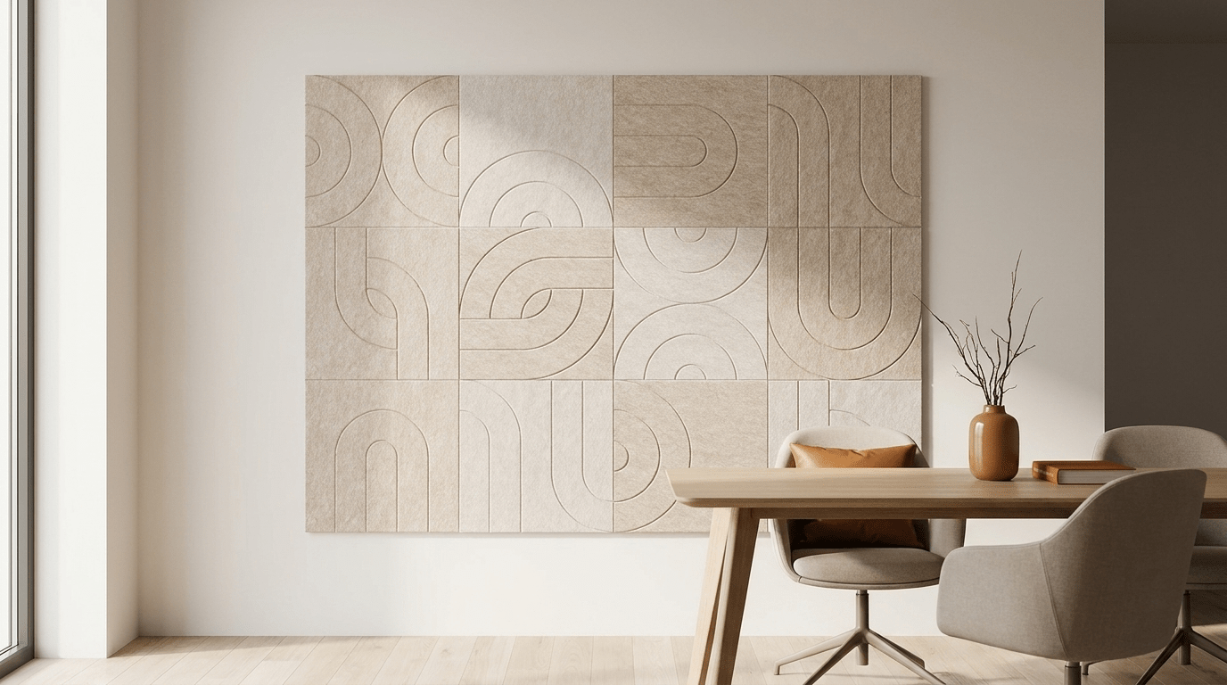 Bauhaus, fluisterend, akoestische wand van 12 viltpanelen, samen 200 bij 150 cm, in een kantoor