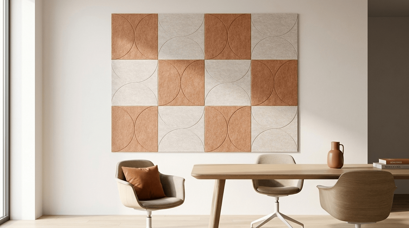 Binnenplaats van vilt, akoestische wand van 12 viltpanelen, samen 200 bij 150 cm, in een kantoor