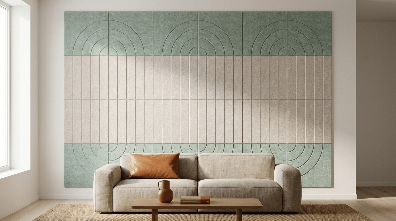 De hele wand, akoestische wand van 24 viltpanelen, samen 300 bij 200 cm, in een woonkamer