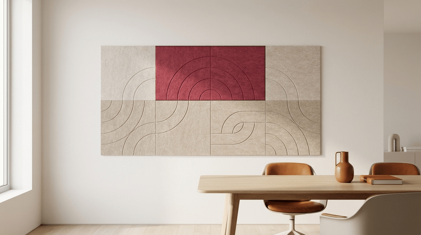 De regenboog, in blush, akoestische wand van 8 viltpanelen, samen 200 bij 100 cm, in een kantoor