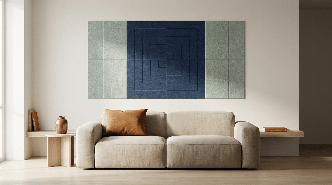 De studeerkamer, akoestische wand van 8 viltpanelen, samen 200 bij 100 cm, in een woonkamer