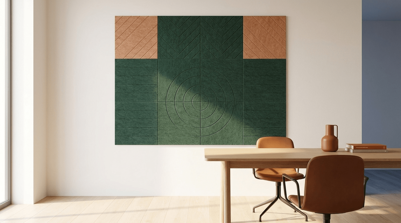 Een waaier van groen en goud, akoestische wand van 12 viltpanelen, samen 200 bij 150 cm, in een kantoor