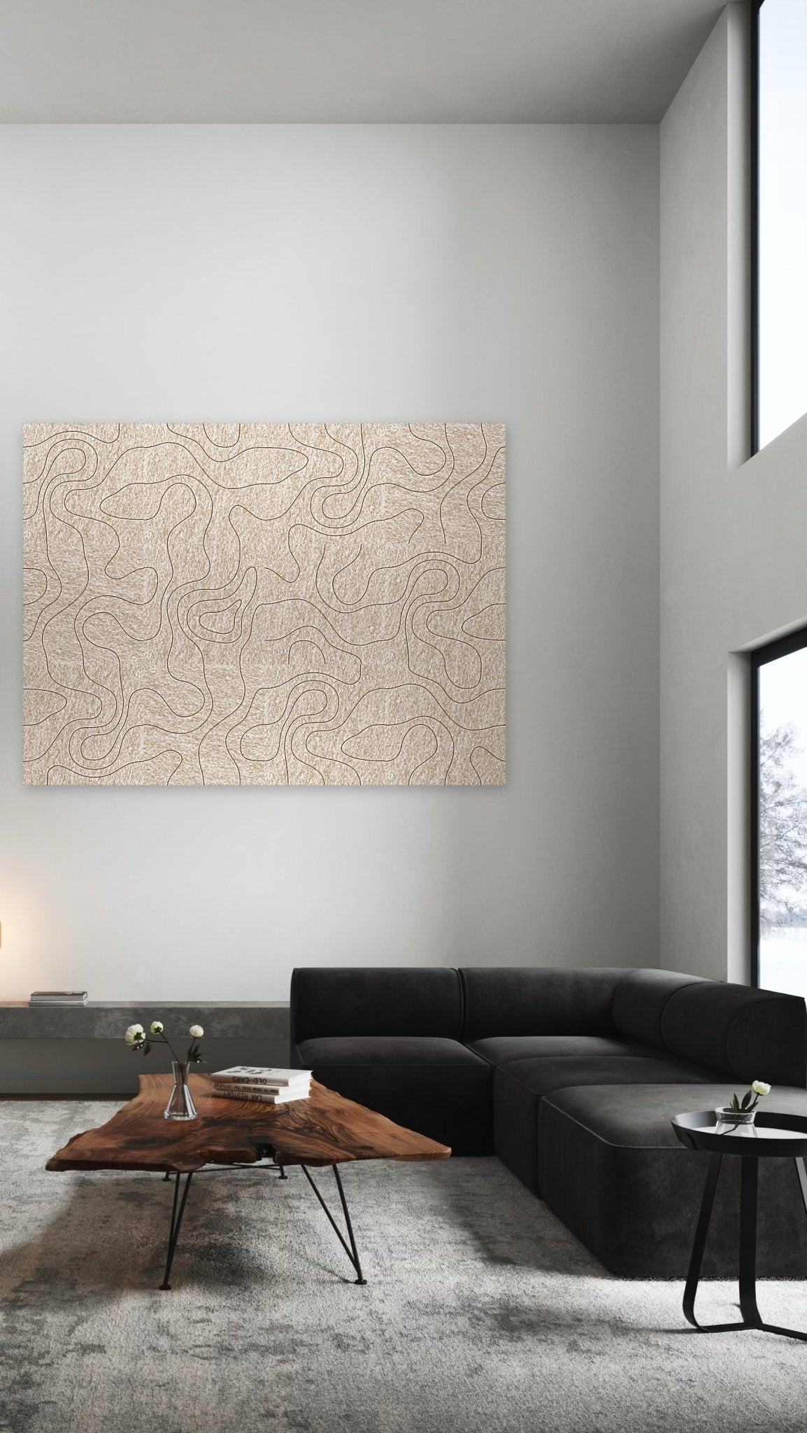 Geharkt zand, akoestische wand van 12 viltpanelen in Zen-tuin-stijl, 200 x 150 cm