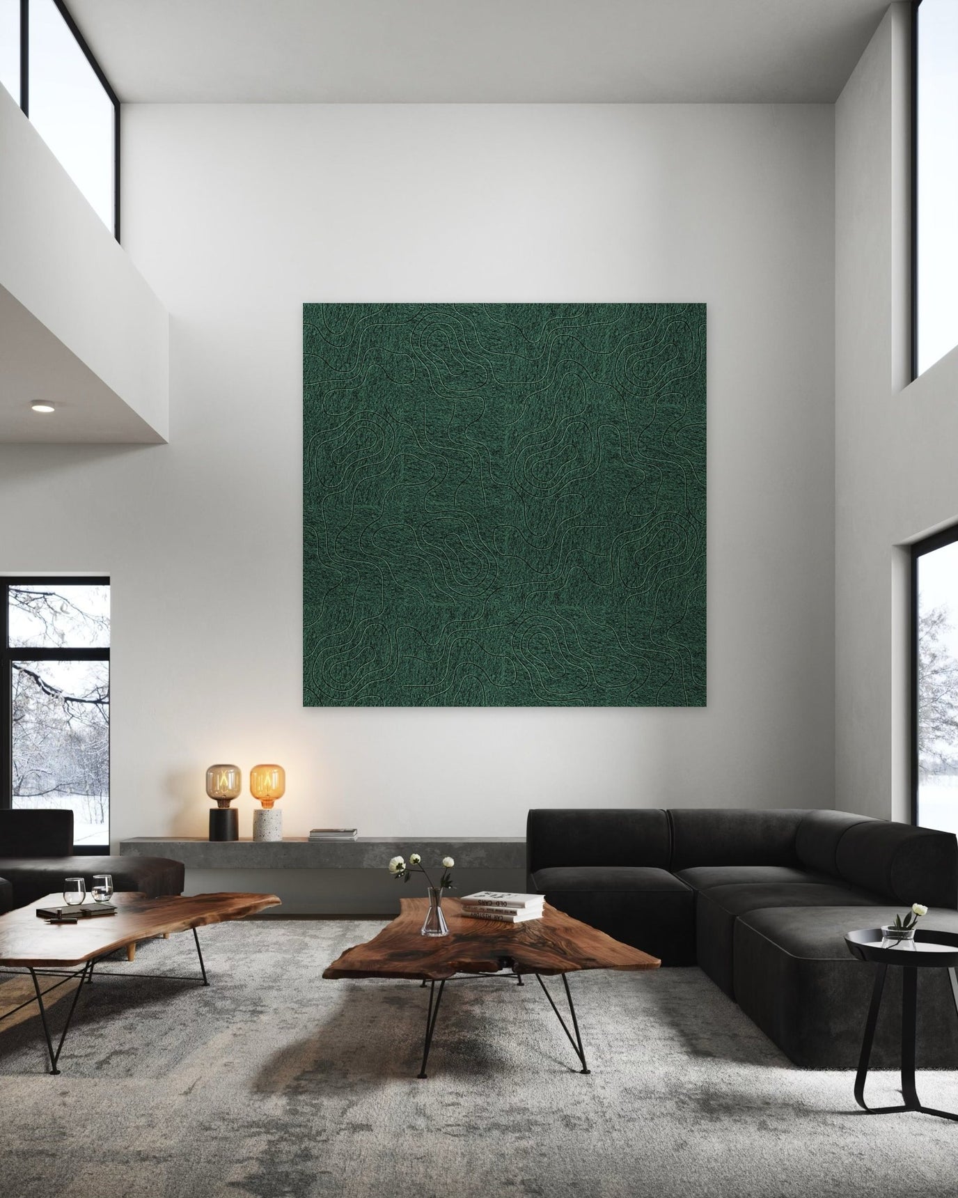Geordende expressie, akoestische wand van 16 viltpanelen in Urban loft-stijl, 200 x 200 cm