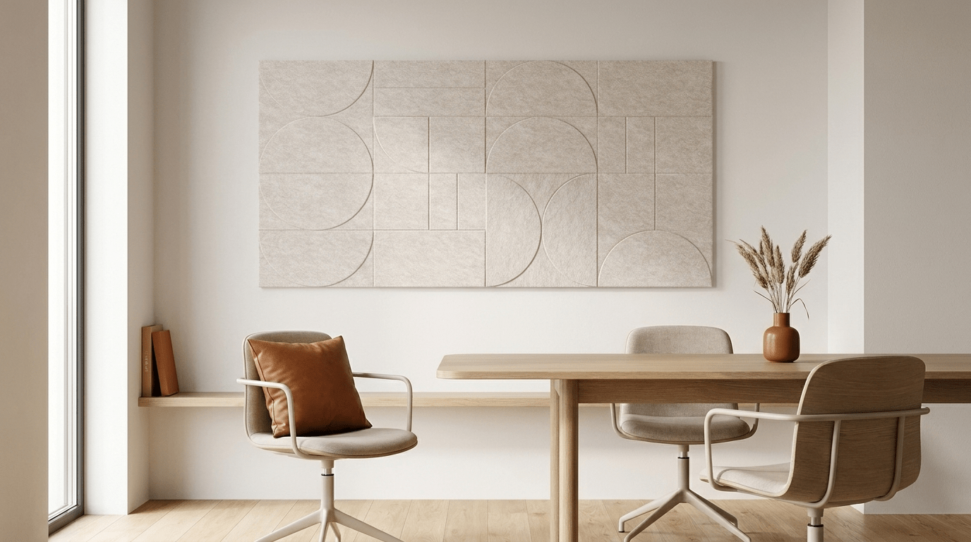 Ritme in gebroken wit, akoestische wand van 8 viltpanelen, samen 100 bij 200 cm, in een kantoor
