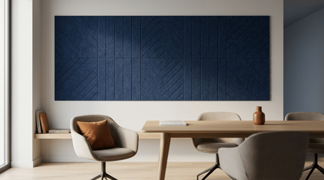 Staal, maar dan zacht, akoestische wand van 10 viltpanelen, samen 250 bij 100 cm, in een kantoor