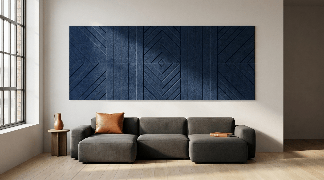 Staal, maar dan zacht, akoestische wand van 10 viltpanelen, samen 250 bij 100 cm, in een woonkamer