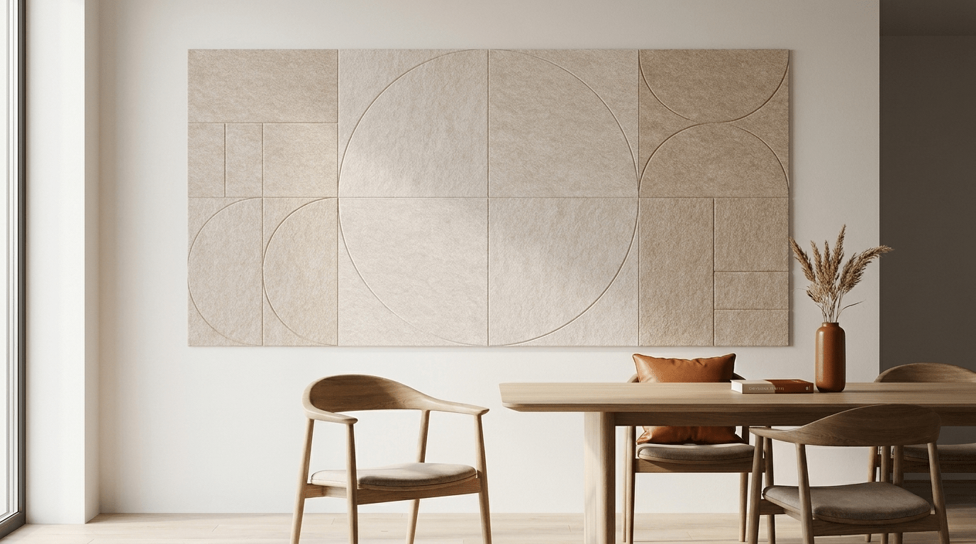 Stilte, met één ademhaling, akoestische wand van 8 viltpanelen, samen 200 bij 100 cm, in een kantoor