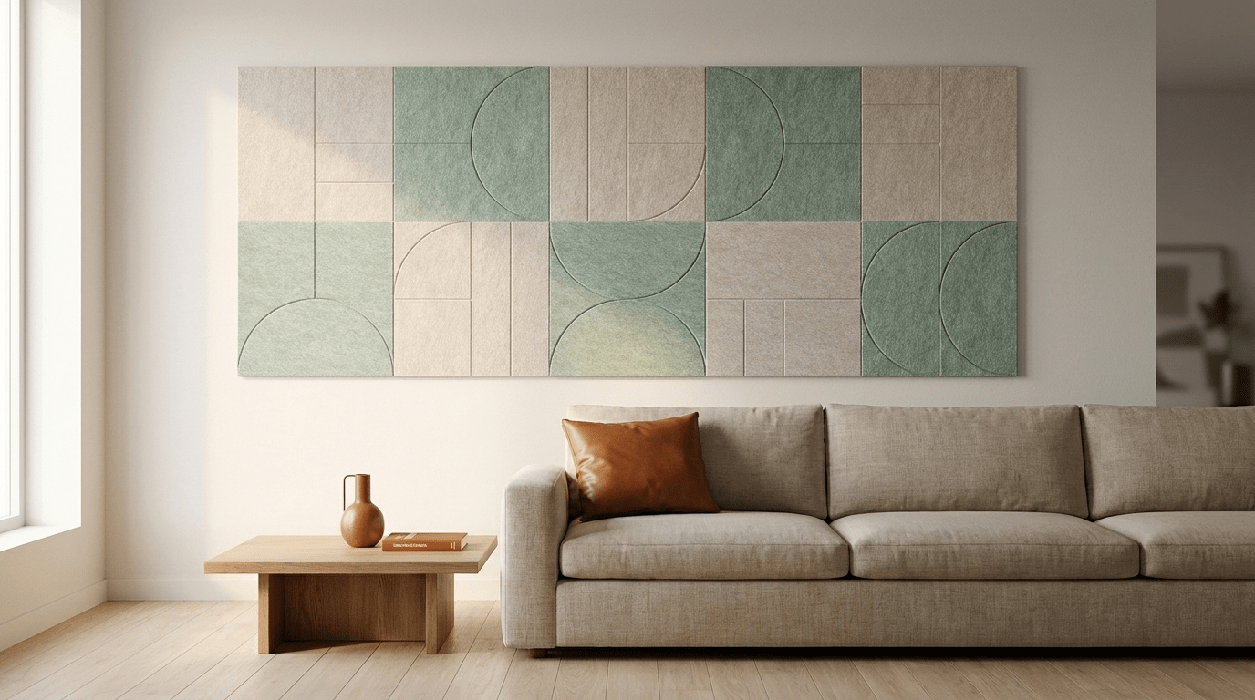 Strak op het land, akoestische wand van 10 viltpanelen, samen 250 bij 100 cm, in een woonkamer