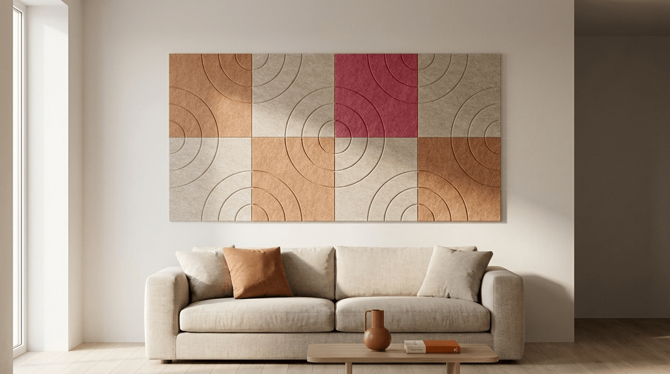 Supergraphic, akoestische wand van 8 viltpanelen, samen 200 bij 100 cm, in een woonkamer