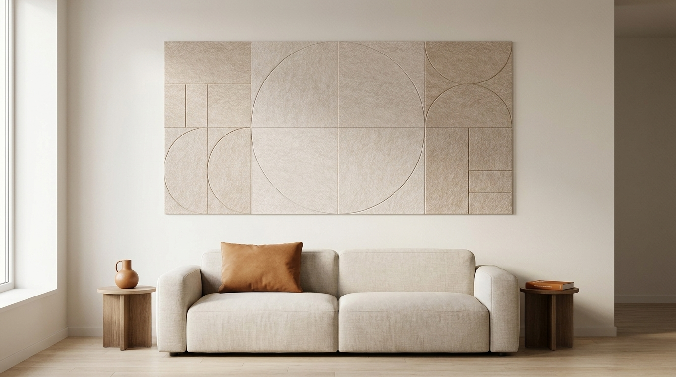 Stilte, met één ademhaling, akoestische wand van 8 viltpanelen, samen 200 bij 100 cm, in een woonkamer