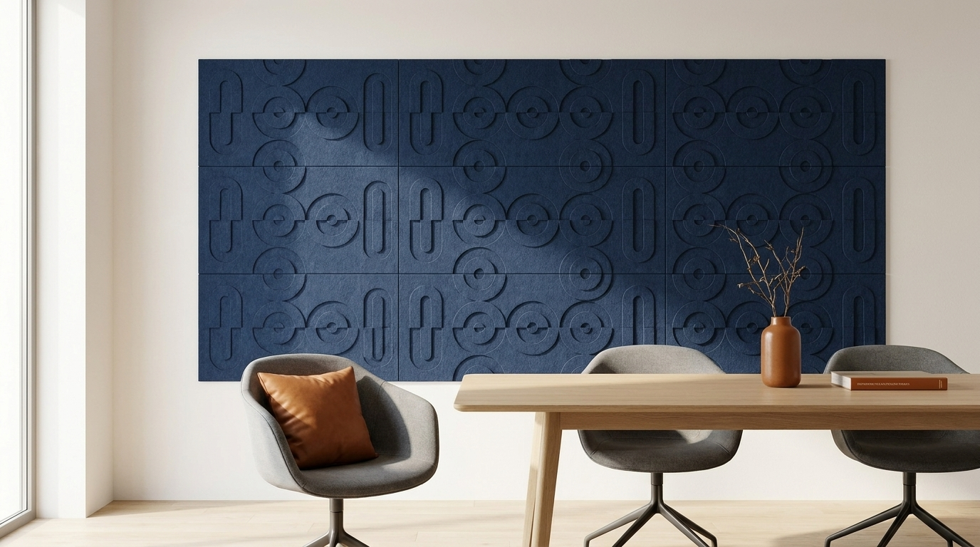 De grandeur van een suite, akoestische wand van 5 Maya 3D-sets van elk twee panelen, samen 250 bij 100 cm, in een kantoor