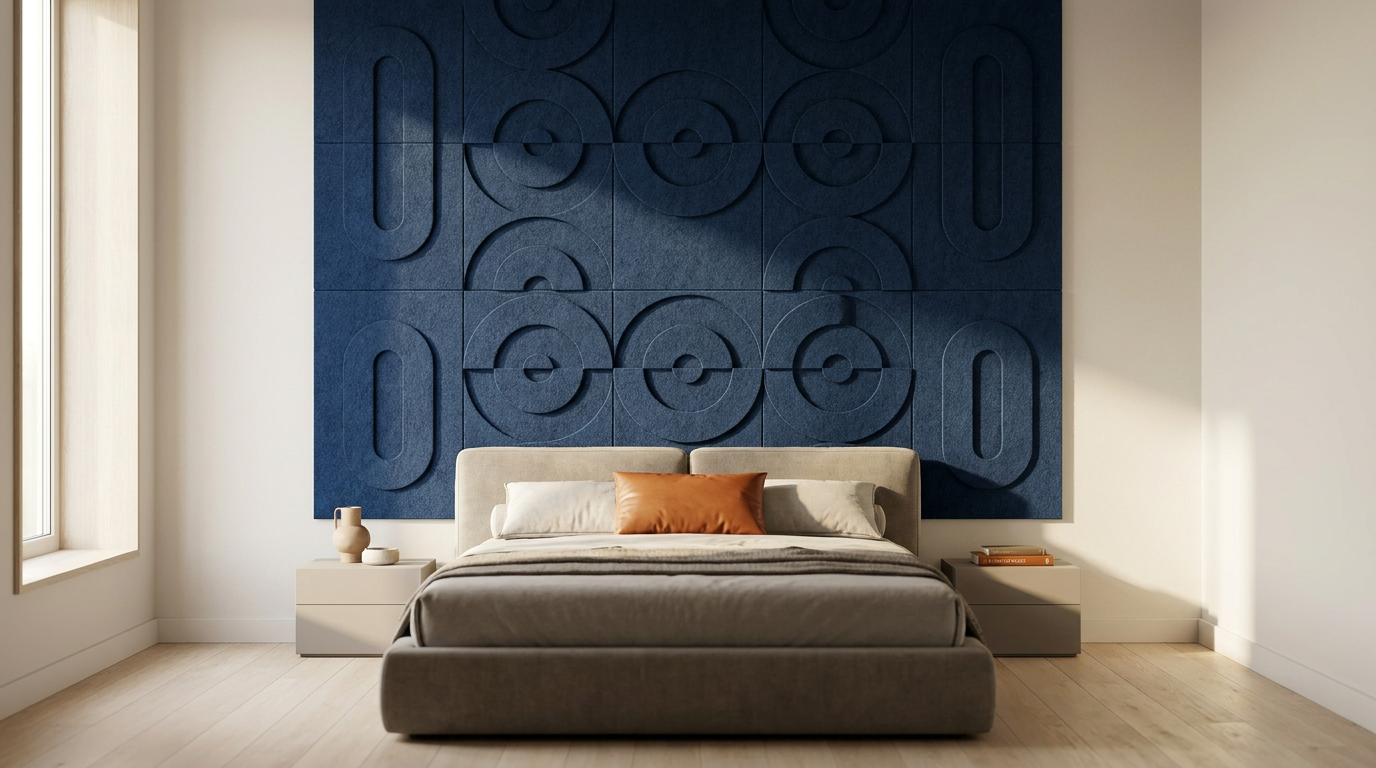 De grandeur van een suite, akoestische wand van 5 Maya 3D-sets van elk twee panelen, samen 250 bij 100 cm, in een slaapkamer