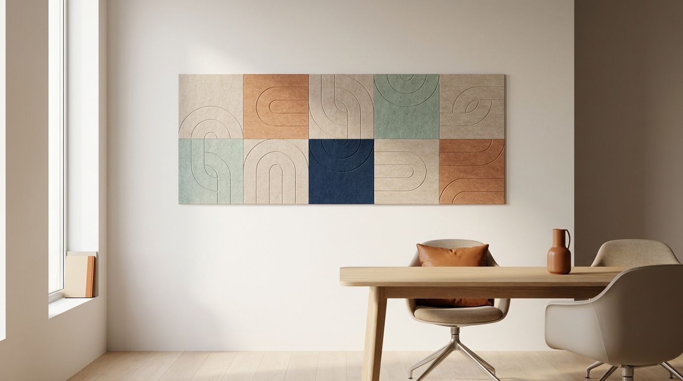 Zestig graden warmer, akoestische wand van 10 viltpanelen, samen 250 bij 100 cm, in een kantoor