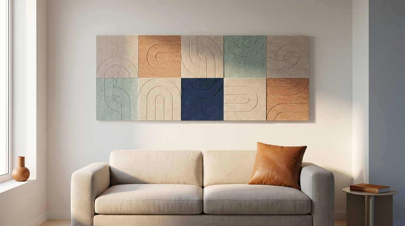 Zestig graden warmer, akoestische wand van 10 viltpanelen, samen 250 bij 100 cm, in een woonkamer