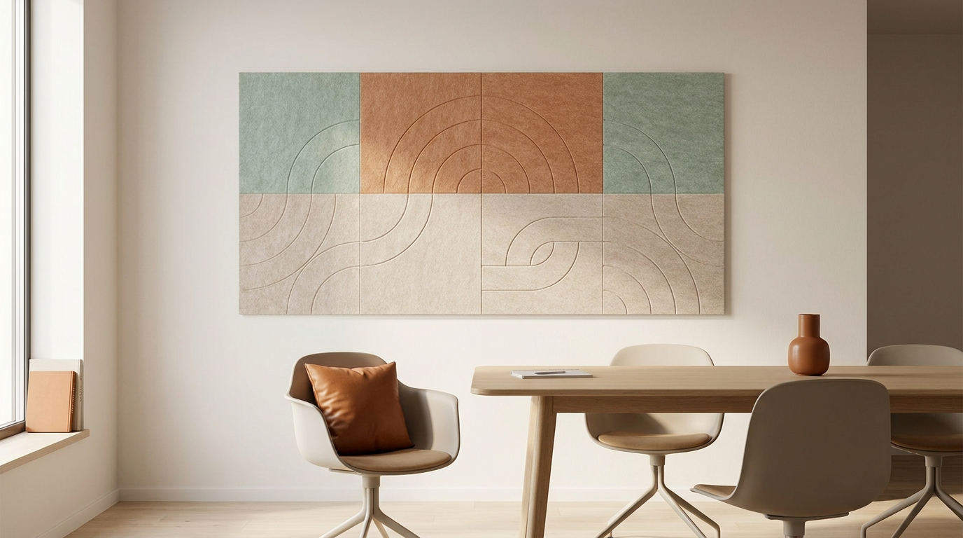 Regenbogen van vilt, akoestische wand van 8 viltpanelen, samen 200 bij 100 cm, in een kantoor
