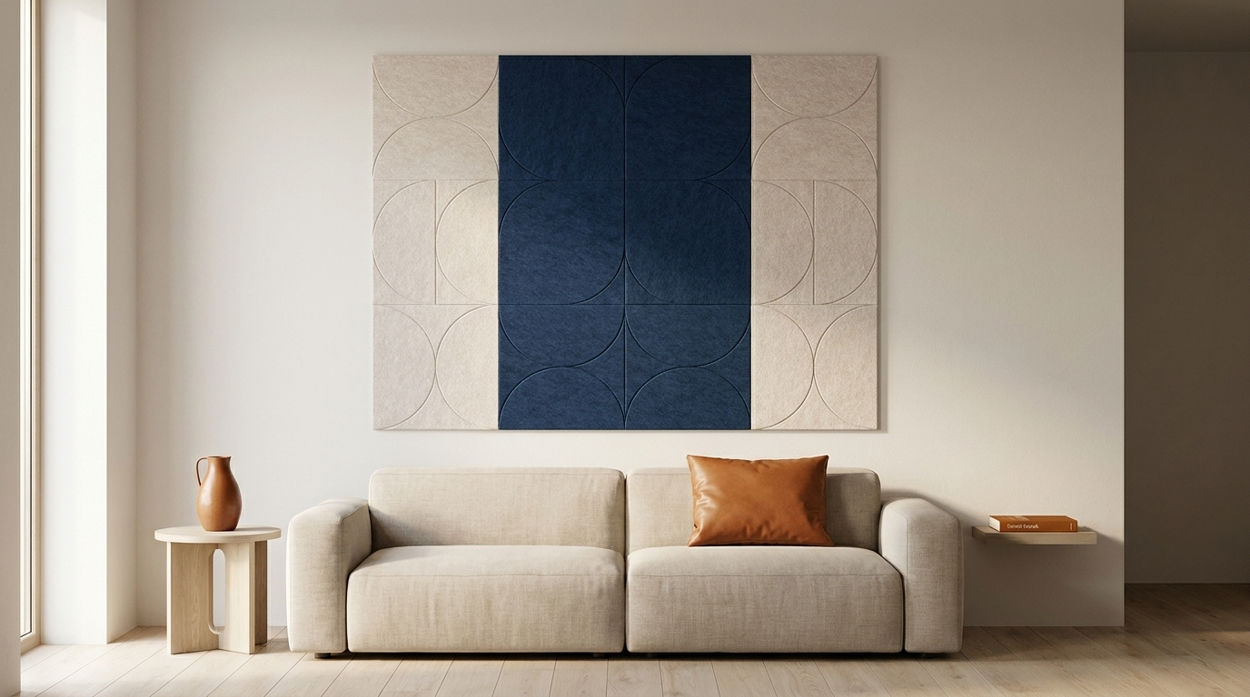 Azulejo van de Noordzee, akoestische wand van 12 viltpanelen, samen 200 bij 150 cm, in een woonkamer