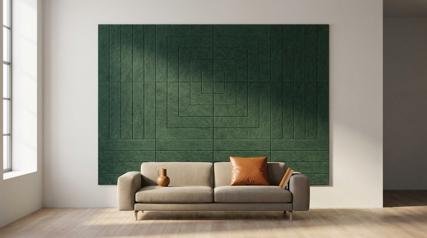 Zachte monoliet, akoestische wand van 12 viltpanelen, samen 200 bij 150 cm, in een woonkamer