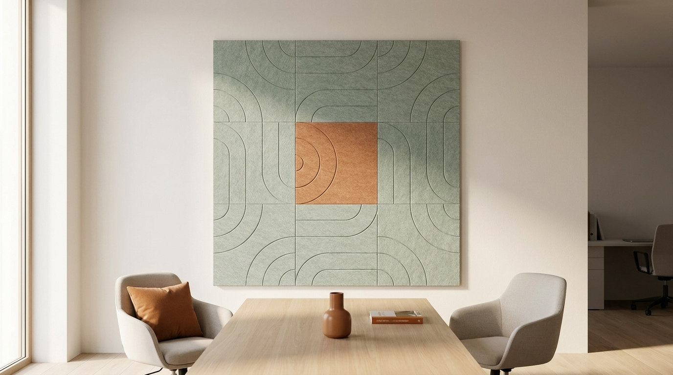 De zweepslag in vilt, akoestische wand van 9 viltpanelen, samen 150 bij 150 cm, in een kantoor