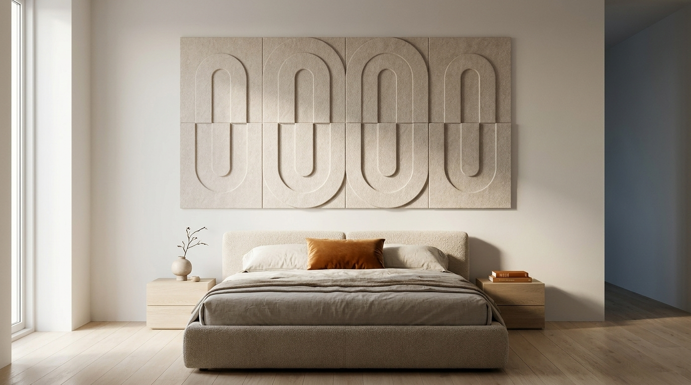 Een Parijs appartement, akoestische wand van 4 Maya 3D-sets van elk twee panelen, samen 200 bij 100 cm, in een slaapkamer