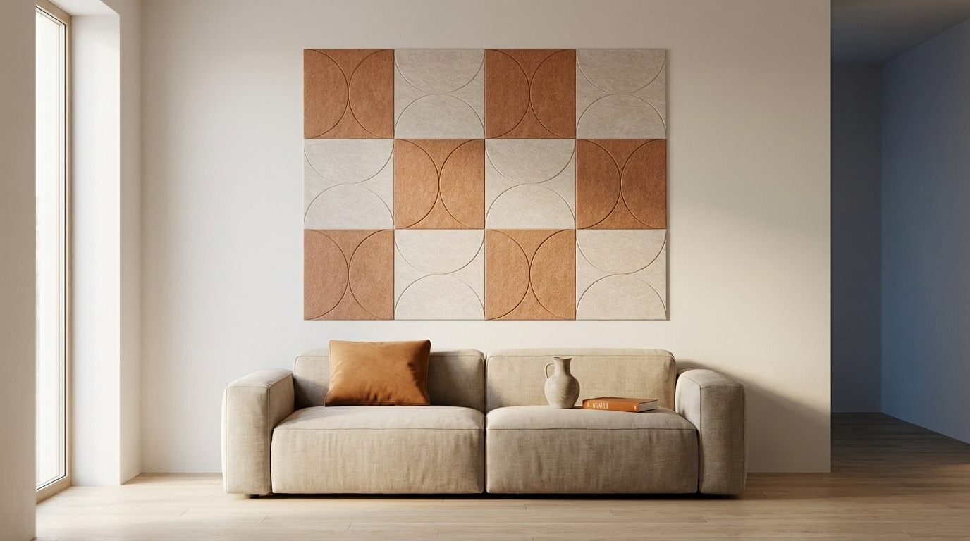 Binnenplaats van vilt, akoestische wand van 12 viltpanelen, samen 200 bij 150 cm, in een woonkamer