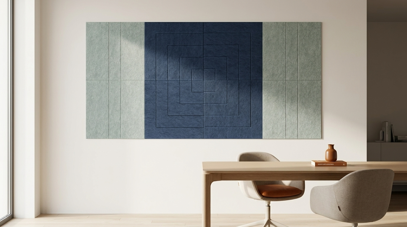 De studeerkamer, akoestische wand van 8 viltpanelen, samen 200 bij 100 cm, in een kantoor