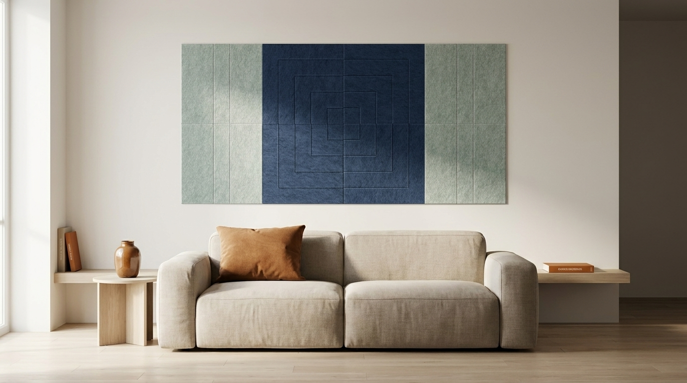 De studeerkamer, akoestische wand van 8 viltpanelen, samen 200 bij 100 cm, in een woonkamer