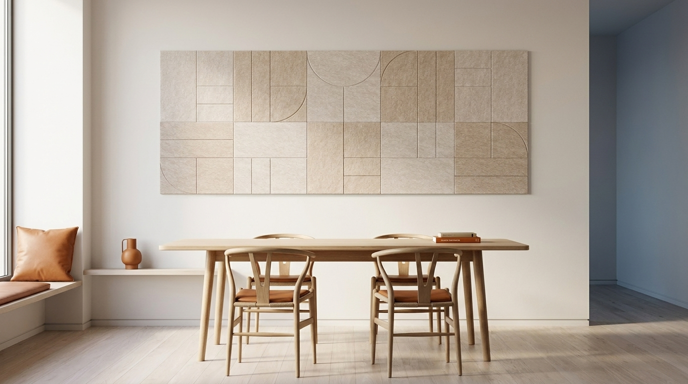 Shoji van vilt, akoestische wand van 10 viltpanelen, samen 250 bij 100 cm, in een kantoor