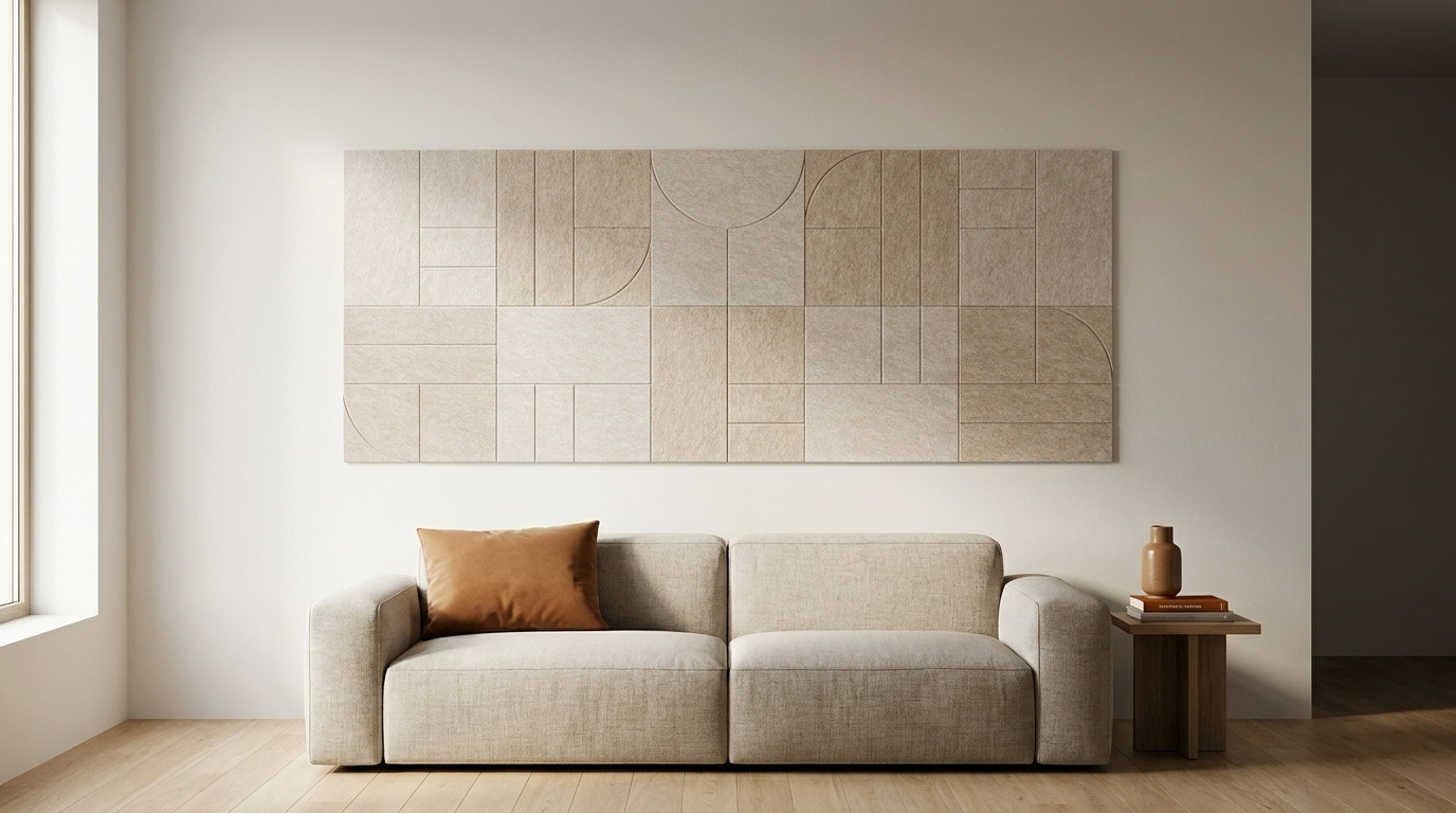 Shoji van vilt, akoestische wand van 10 viltpanelen, samen 250 bij 100 cm, in een woonkamer