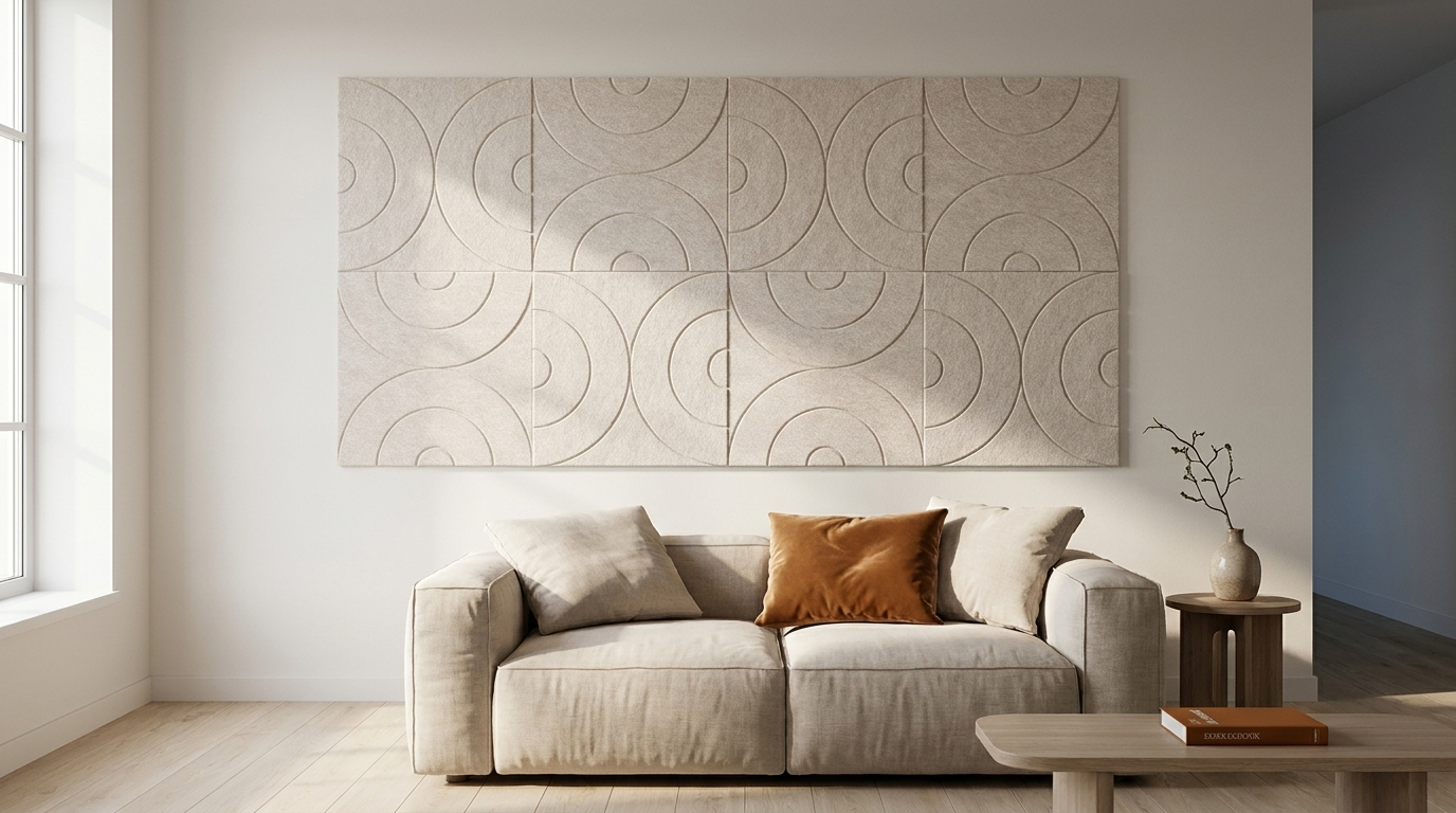 Acht keer dezelfde tegel, akoestische wand van 8 viltpanelen, samen 200 bij 100 cm, in een woonkamer