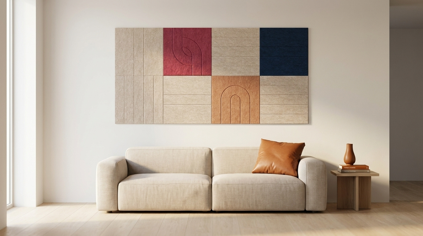 Knipoog naar Rietveld, akoestische wand van 8 viltpanelen, samen 200 bij 100 cm, in een woonkamer