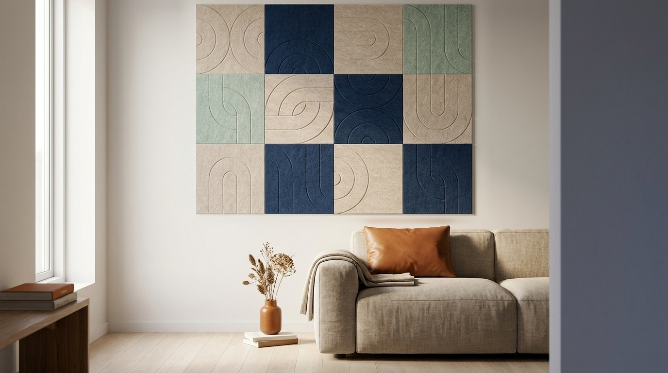 Vorm volgt vilt, na zonsondergang, akoestische wand van 12 viltpanelen, samen 200 bij 150 cm, in een woonkamer