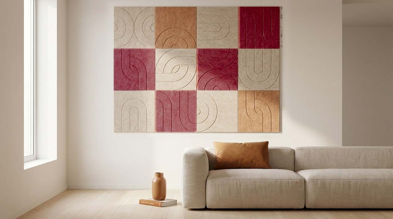Vorm volgt vilt, op kamertemperatuur, akoestische wand van 12 viltpanelen, samen 200 bij 150 cm, in een woonkamer