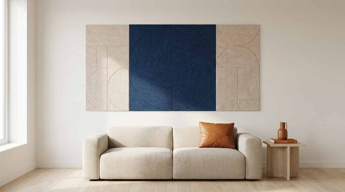 De enso, in inkt, akoestische wand van 8 viltpanelen, samen 200 bij 100 cm, in een woonkamer