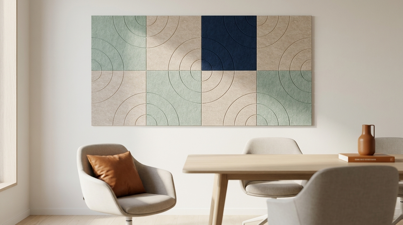 Supergraphic, afgekoeld, akoestische wand van 8 viltpanelen, samen 200 bij 100 cm, in een kantoor