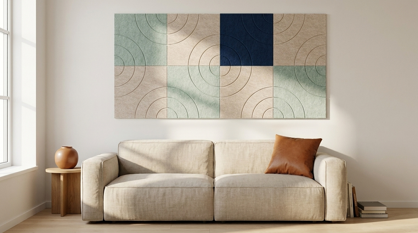 Supergraphic, afgekoeld, akoestische wand van 8 viltpanelen, samen 200 bij 100 cm, in een woonkamer