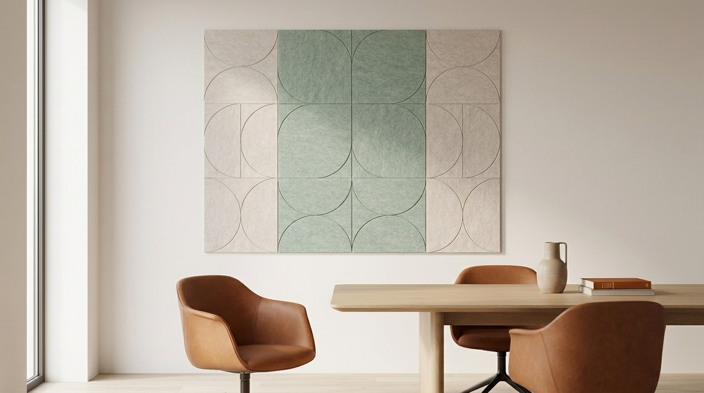 Azulejo, landinwaarts, akoestische wand van 12 viltpanelen, samen 200 bij 150 cm, in een kantoor