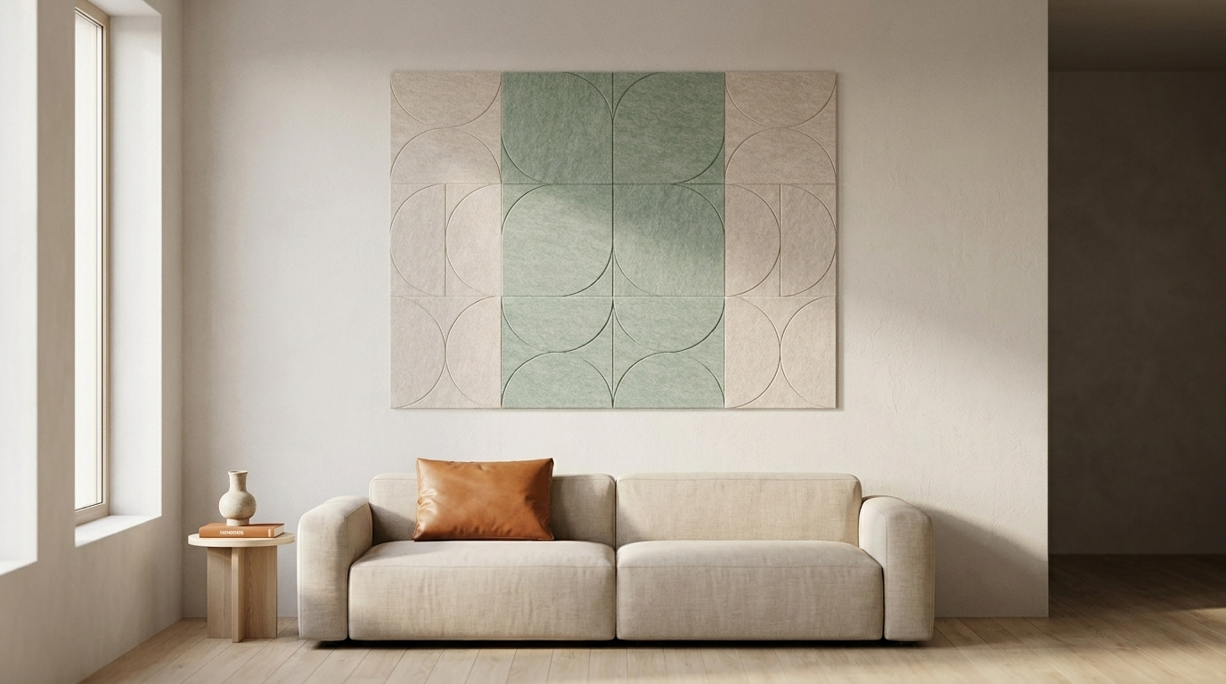 Azulejo, landinwaarts, akoestische wand van 12 viltpanelen, samen 200 bij 150 cm, in een woonkamer
