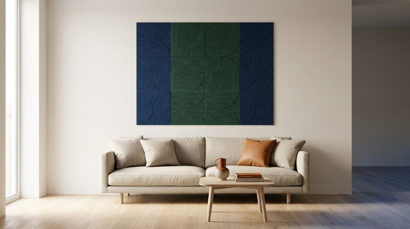 Blauw op groen, na twaalven, akoestische wand van 12 viltpanelen, samen 200 bij 150 cm, in een woonkamer