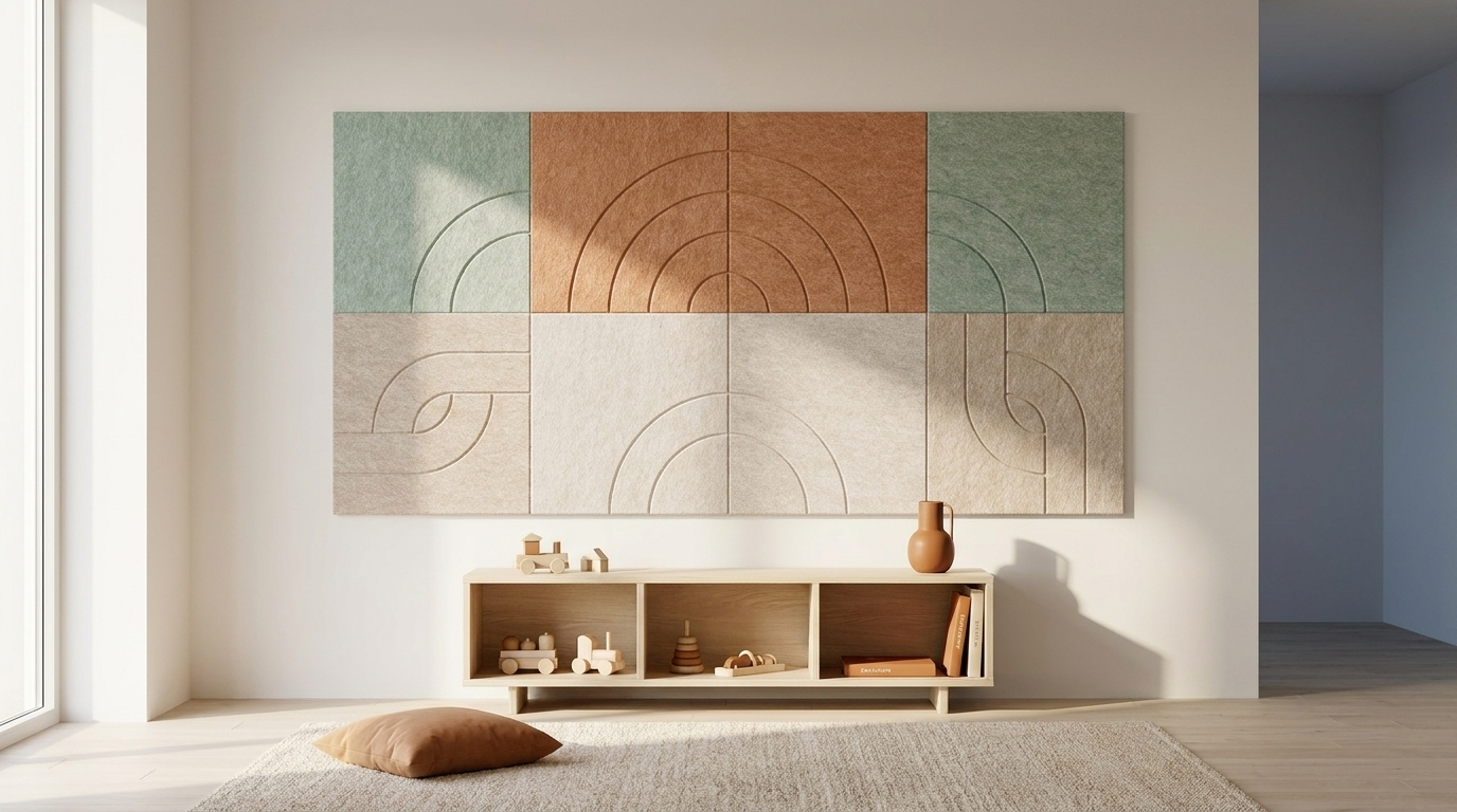 Zacht voor kleine oren, akoestische wand van 8 viltpanelen, samen 200 bij 100 cm, in een kinderkamer
