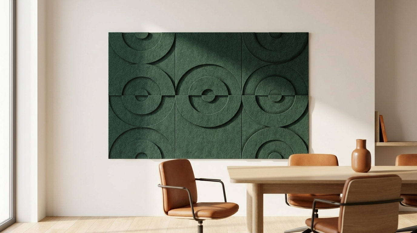 Drie stille speakers, akoestische wand van 3 Maya 3D-sets van elk twee panelen, samen 150 bij 100 cm, in een kantoor