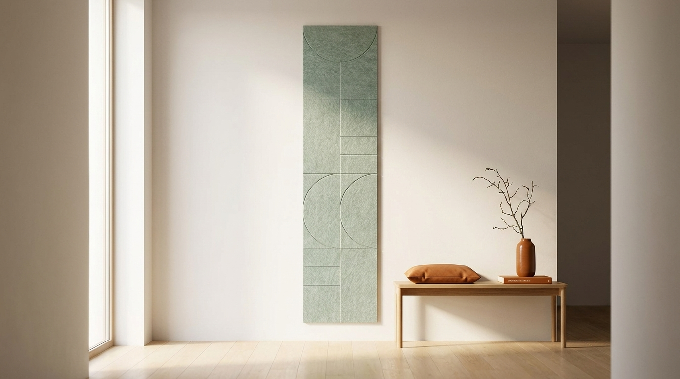 Binnenkomen in stilte, akoestische wand van 4 viltpanelen, samen 50 bij 200 cm, in een hal
