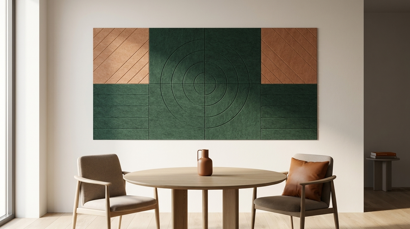 Tafel voor twee, zonder rumoer, akoestische wand van 8 viltpanelen, samen 200 bij 100 cm, in een kantoor