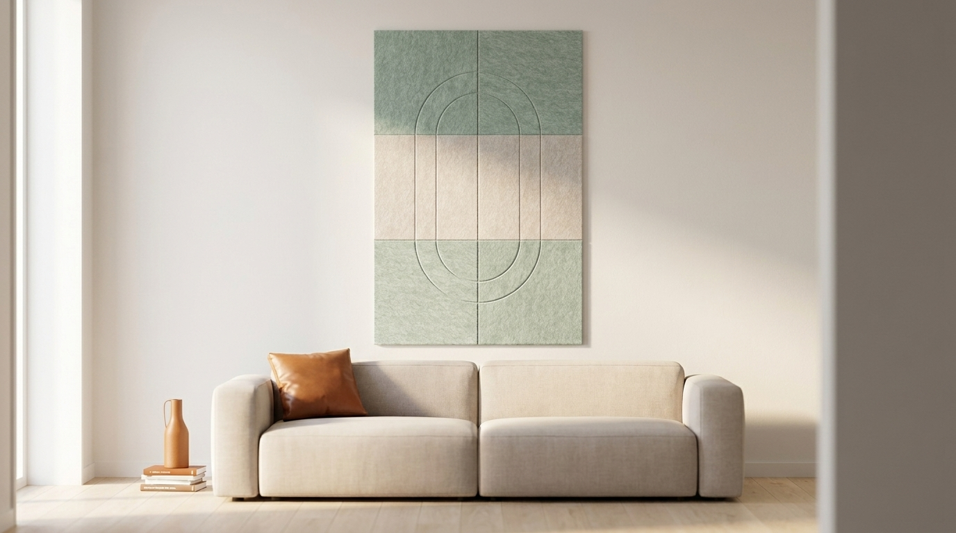 Het gebaar, akoestische wand van 6 viltpanelen, samen 100 bij 150 cm, in een woonkamer